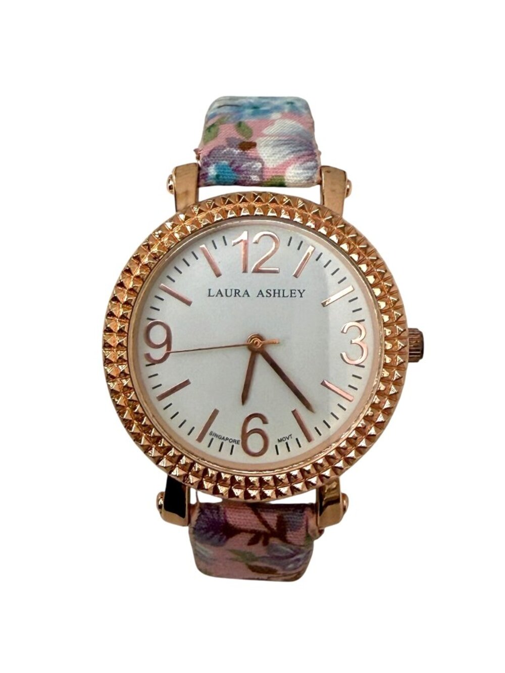 Laura Ashley Women's Watch Pink Floral Fabric Band Rose Gold Tone Cottagecore